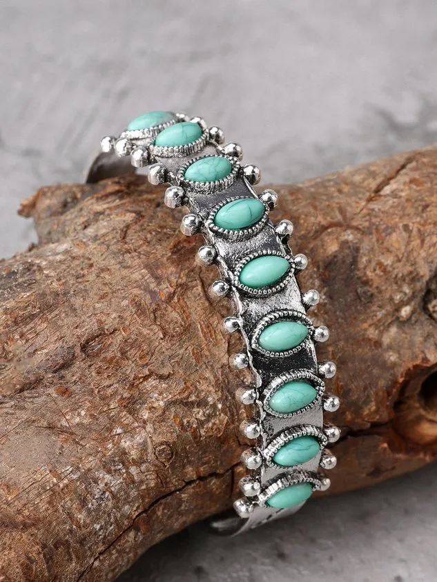 Silver Antique Distressed Inlaid Turquoise Cuff Bracelet Everyday Ethnic Jewelry