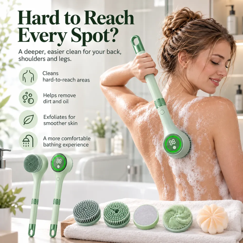 Rechargeable Electric Shower Back Scrubber - Long Handle IPX Waterproof PVC Rotating Bath Brush with 5 Replaceable Brush Heads, 3 Speed Modes, Exfoliating Massager for Adults with Sensitive Skin