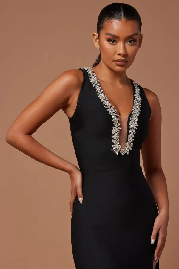 Kella Embellished Bandage Gown - Black