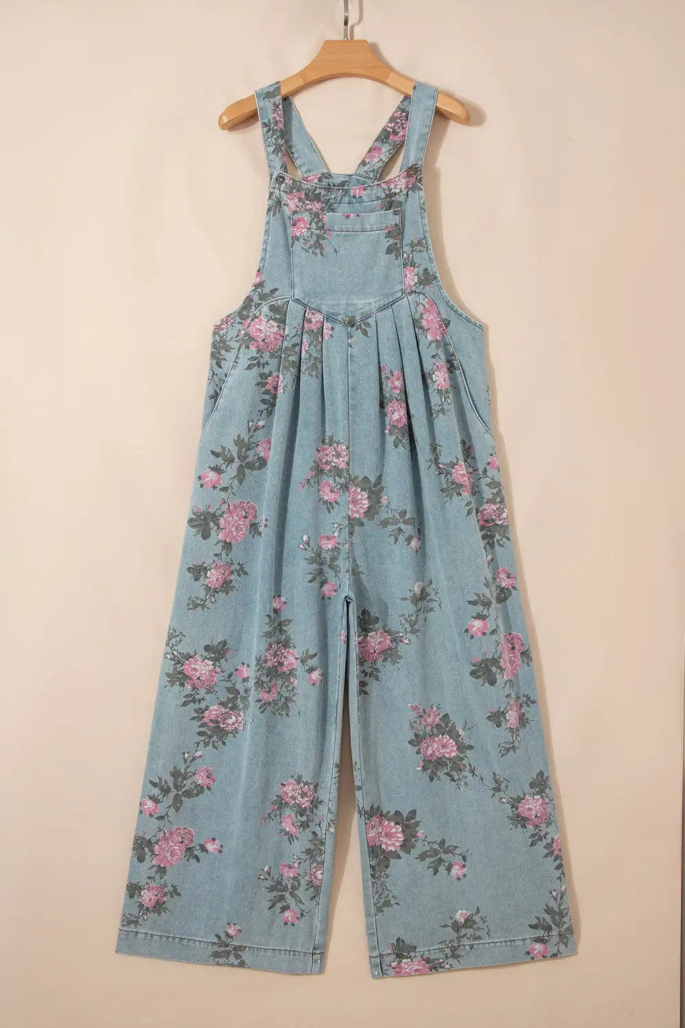 Modern Floral Print Pleated High Waist Wide Leg Denim Jumpsuit