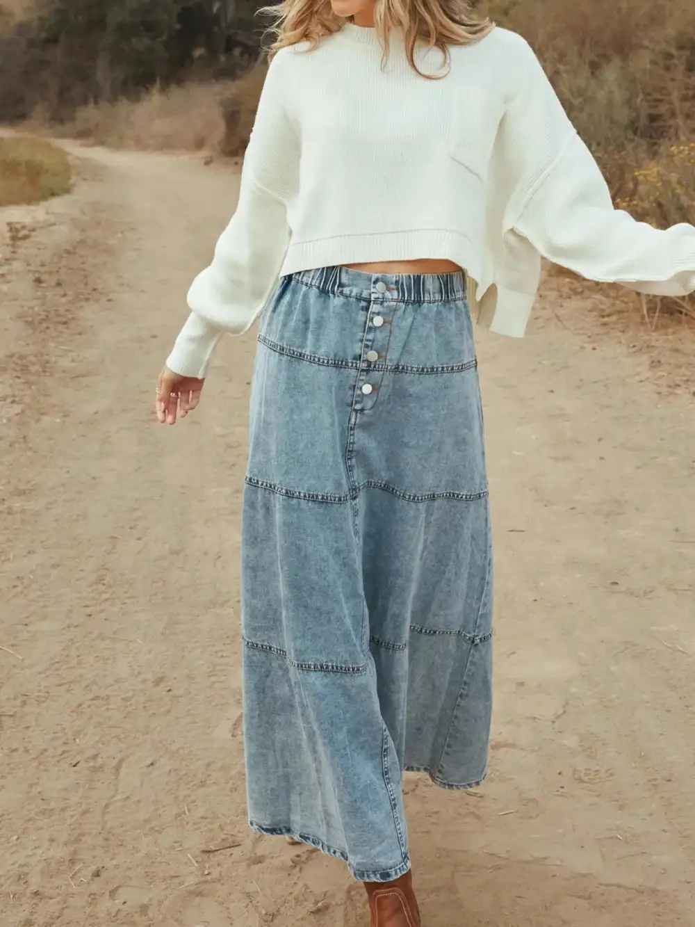 Trim Button Front Denim Detail Skirt