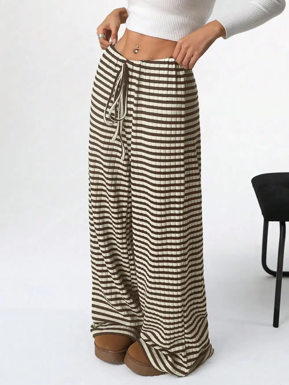 Relaxed Striped Wide Leg Drawstring Pants