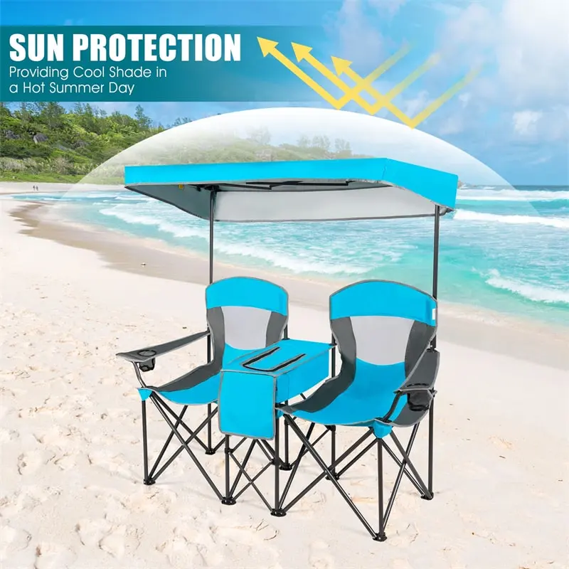 Folding Double Camping Chairs with Shade Canopy Portable Beach Chairs with Cup Holder