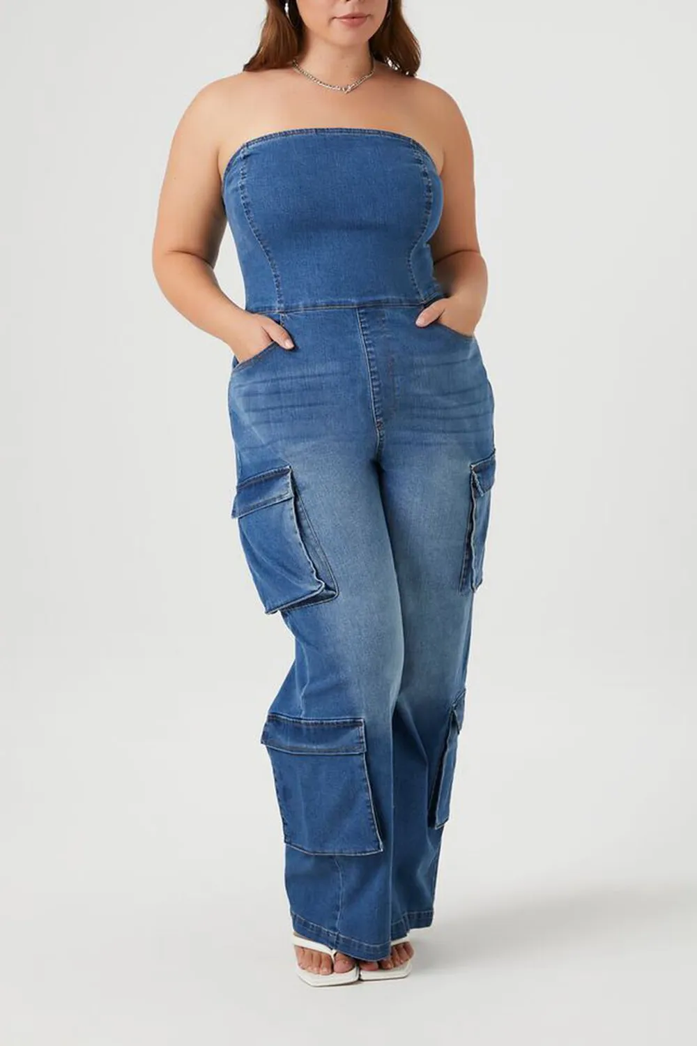 Plus Size Strapless Denim Jumpsuit