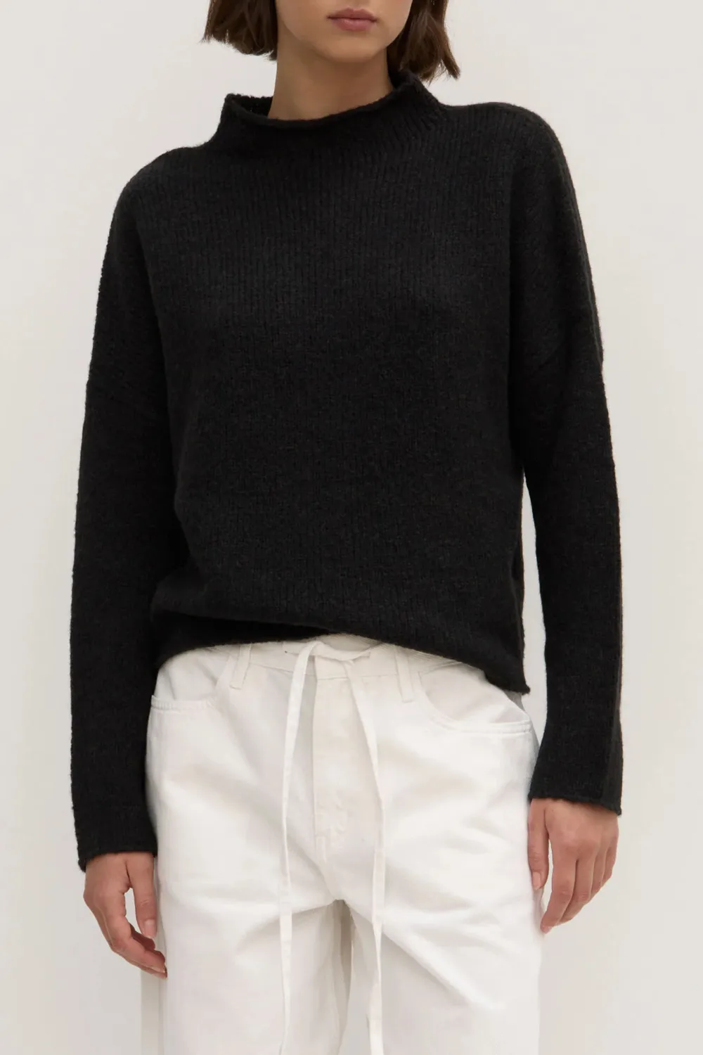 Loose Knit Sweater With Shoulder Drop And Stand Up Collar
