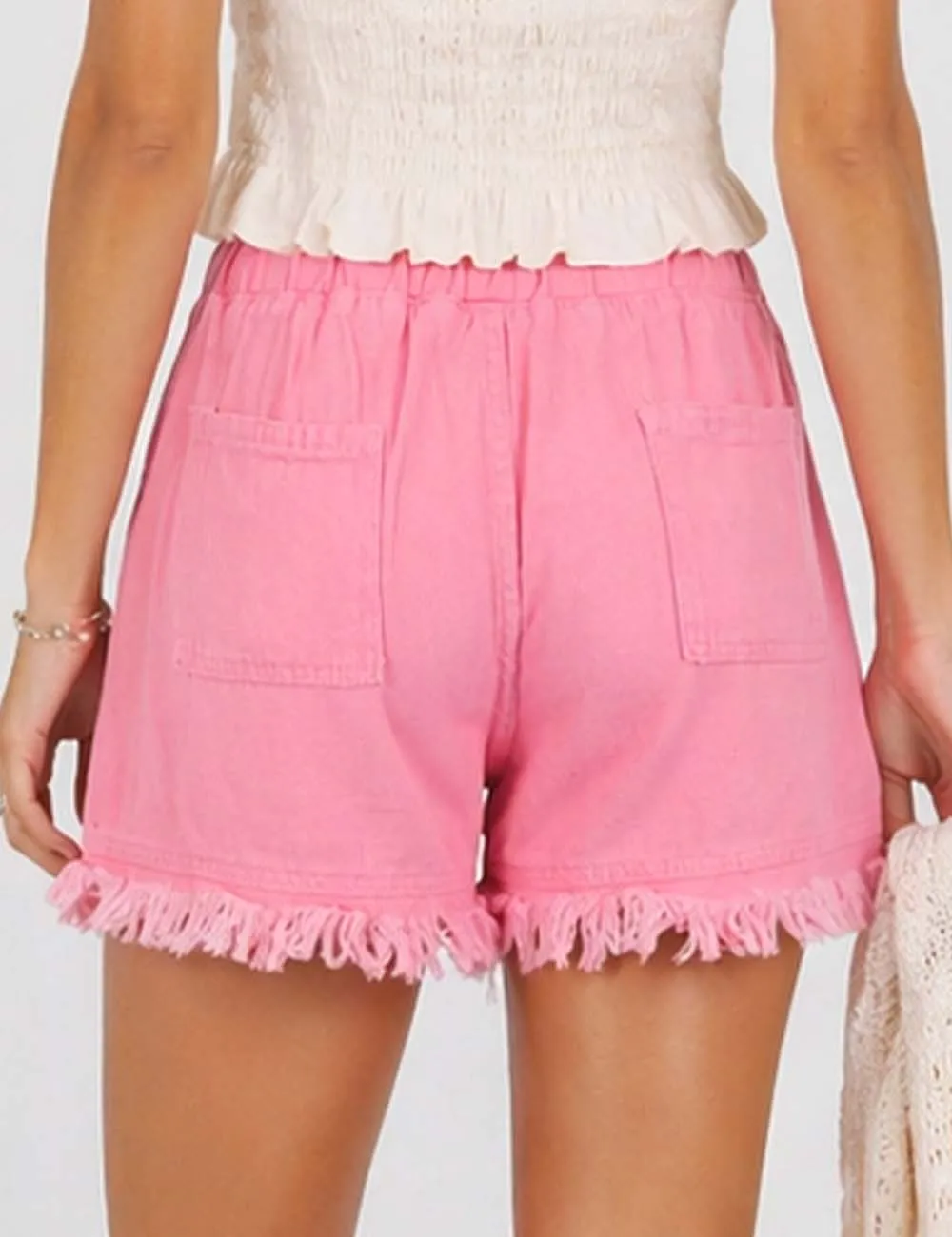 Drawstring Waist Frayed Hem Denim Shorts