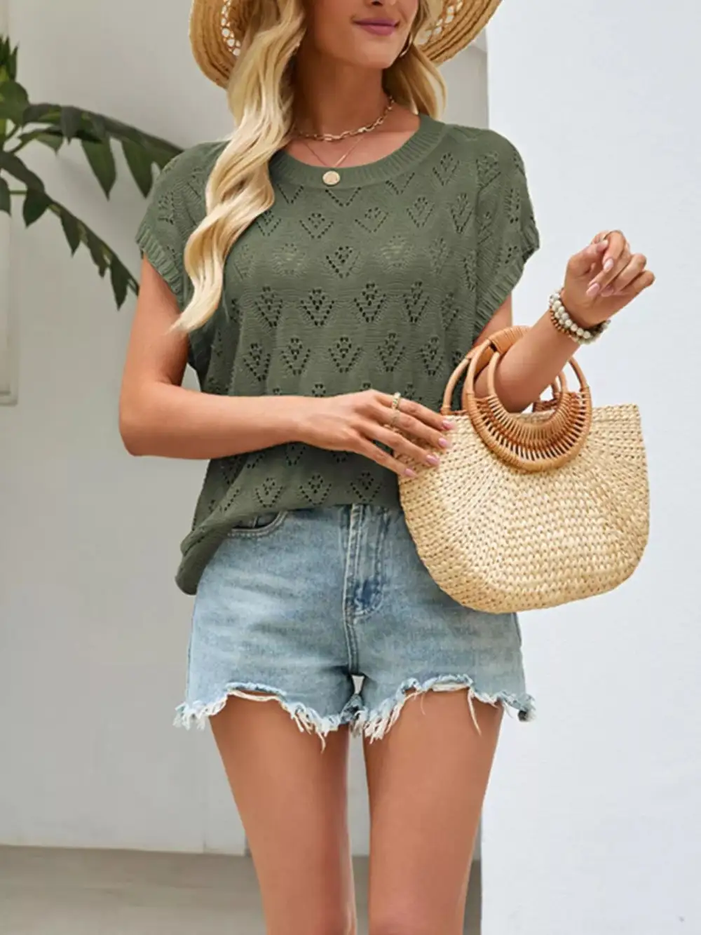 Openwork Short Sleeve Knit Top