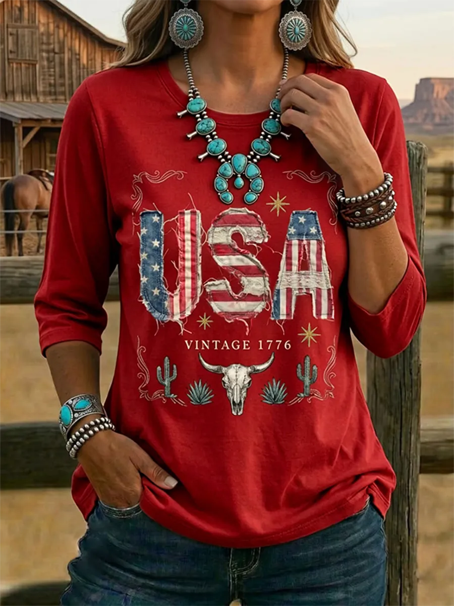 Women's Vintage USA Print Casual Half-sleeve Top