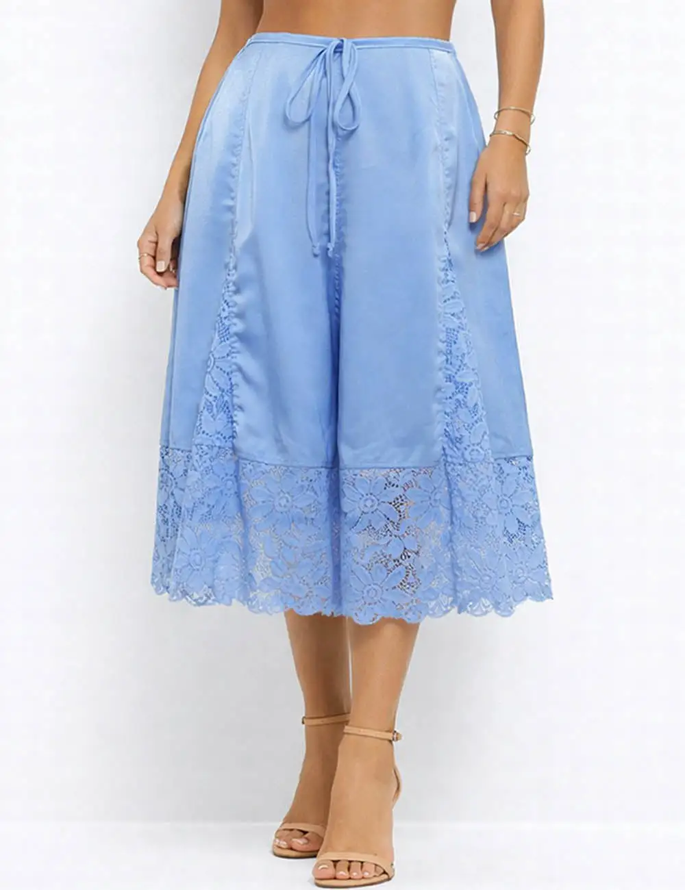 Boho Lace Hem Drawstring Waist Wide Leg Shorts