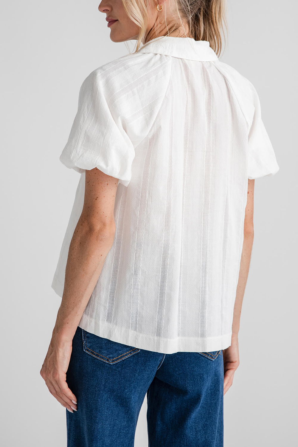 Hem & Thread Button Down Bubble Sleeve Blouse - white