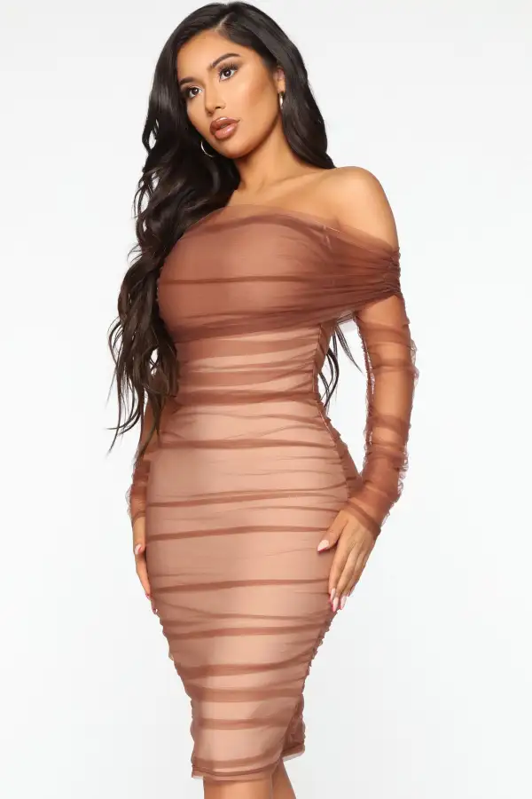 Ruched And Ready Bandage Midi Dress - Taupe