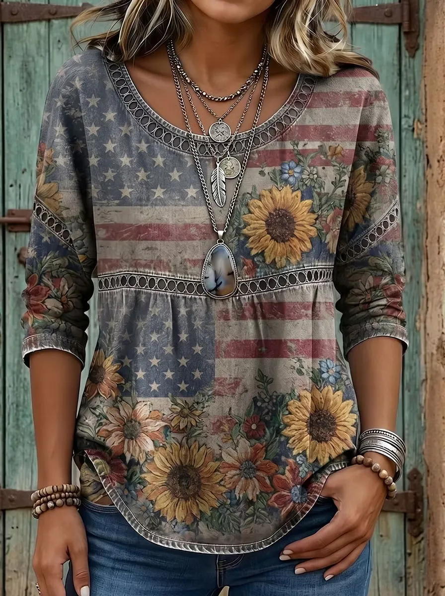 Vintage Independence Day Printed Casual Hollow Denim Shirt