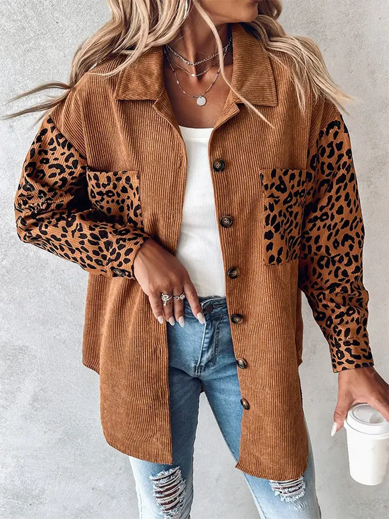 Casual leopard print patchwork corduroy jacket