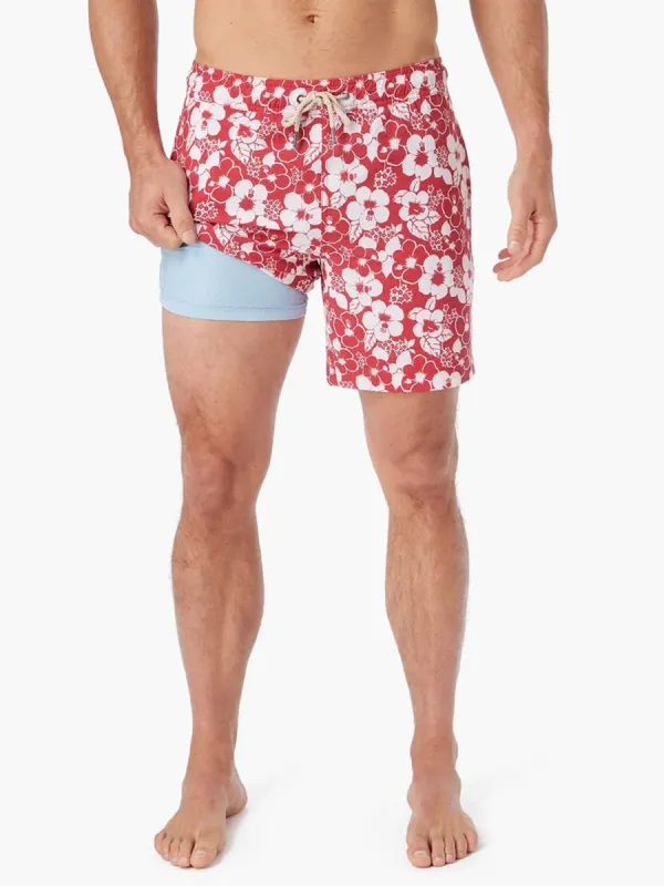 Men's Nautical Red-Stamped Hibiscus Beach Shorts