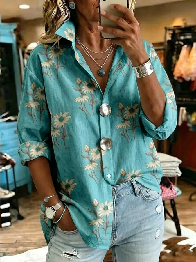 Women'S Retro Printed Metal Button Shirt