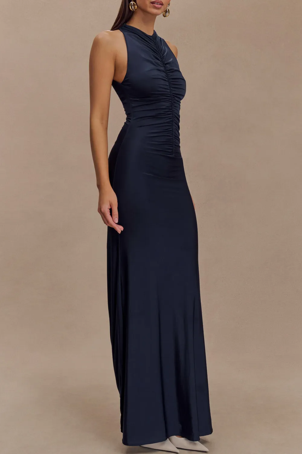 Slinky Ruched Halter Maxi Dress