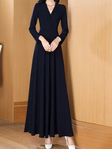 Women Plain V Neck Long Sleeve Comfy Casual Maxi Dress