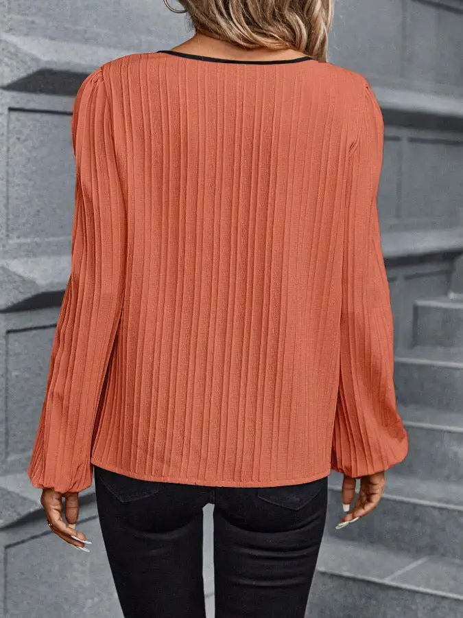 Pleated V-Neck Long Sleeve Blouse