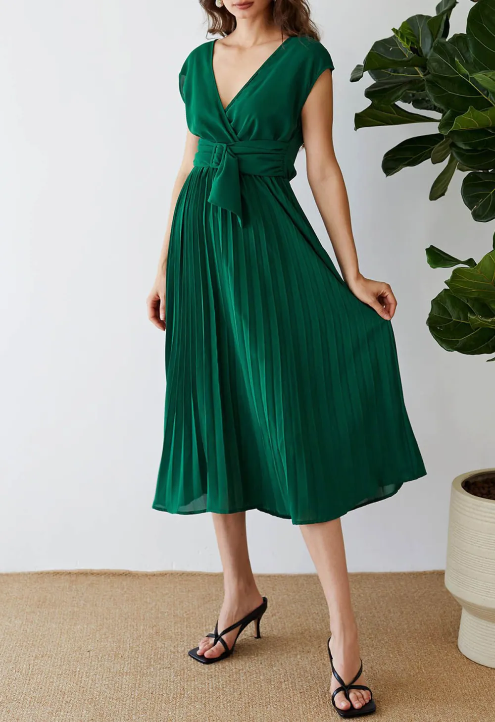 SASH ADORNED PLEATED WRAP SLEEVELESS DRESS IN GREEN