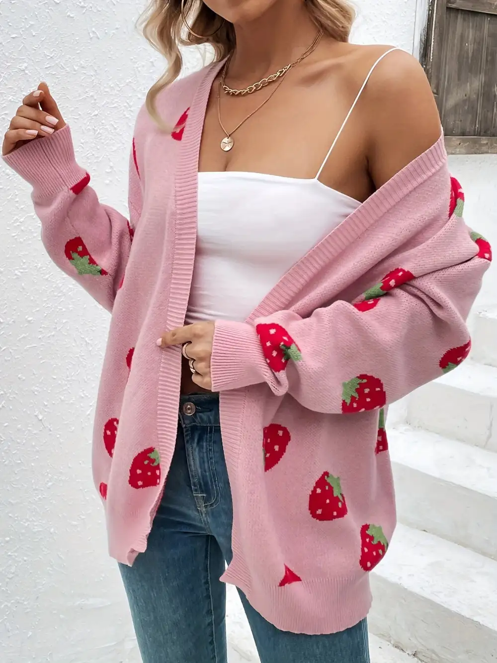 Strawberry Cardigan: Spring/Fall Style (Open Front, Long Sleeves)