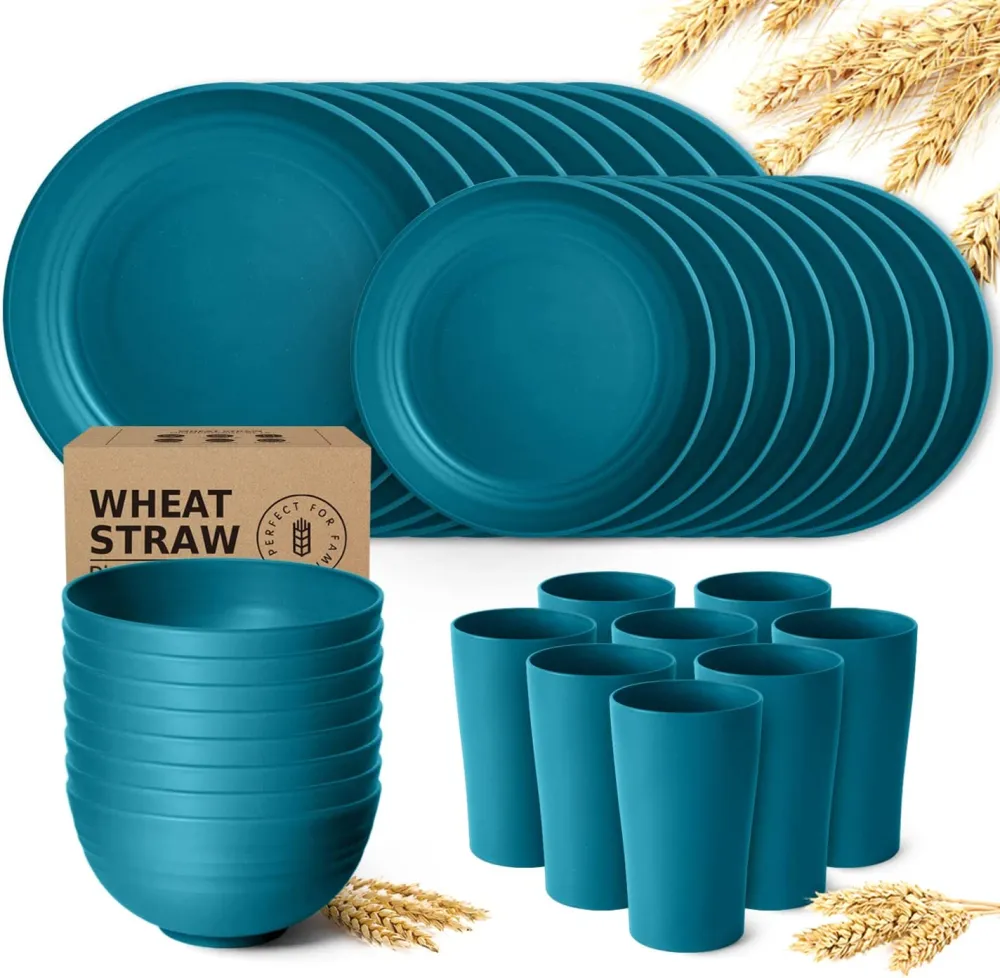 32-Piece Kitchen Wheat Straw Dinnerware Set, Service for 8, Dinner Plates, Dessert Plate, Cereal Bowls, Cups, Unbreakable Plastic Outdoor Camping Dishes, Black