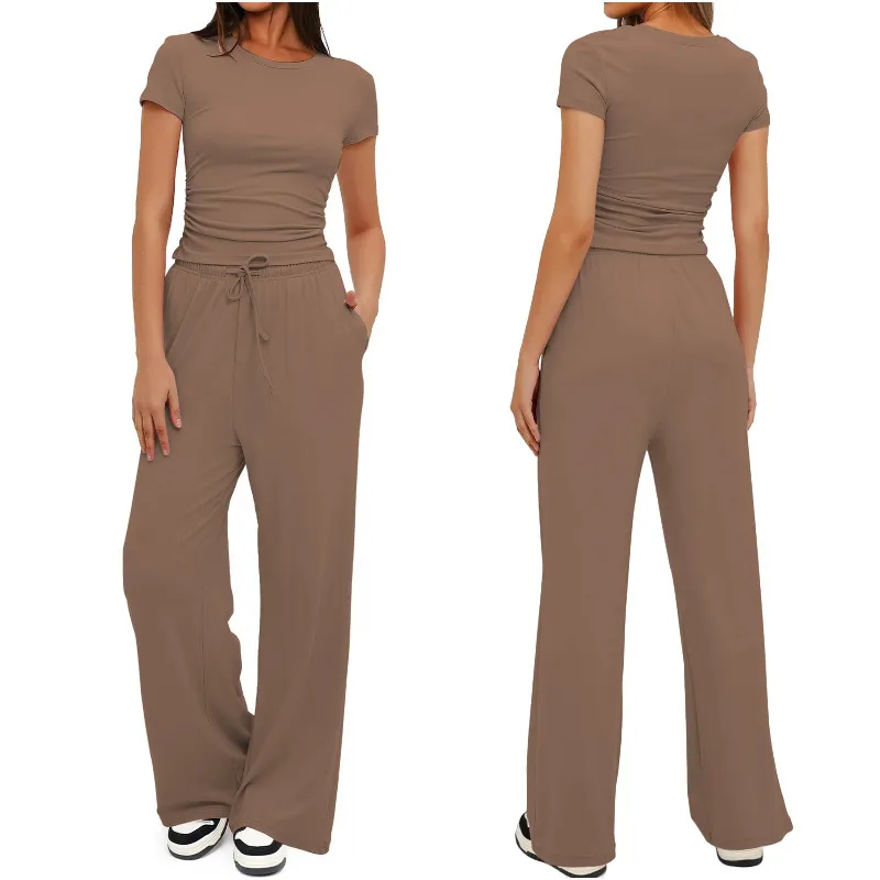 Casual Long Sleeve Top & High-Waist Wide-Leg Pants Tracksuit Set