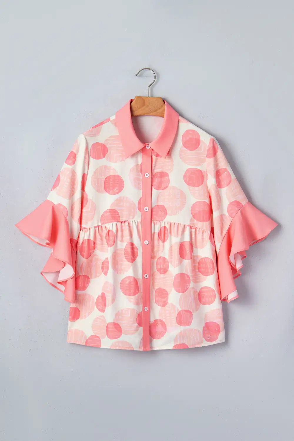 Pink Double Polka Dot Printed Ruffle Trim Short Sleeve Babydoll Shirt