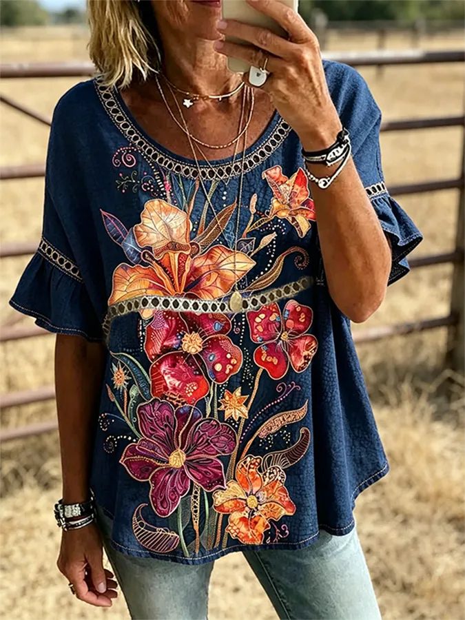 Women's  Large Floral Print Trim Ruffle Sleeve Casual Western Top
