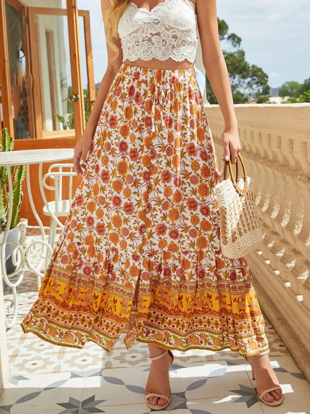 Floral Side Slit Skirt
