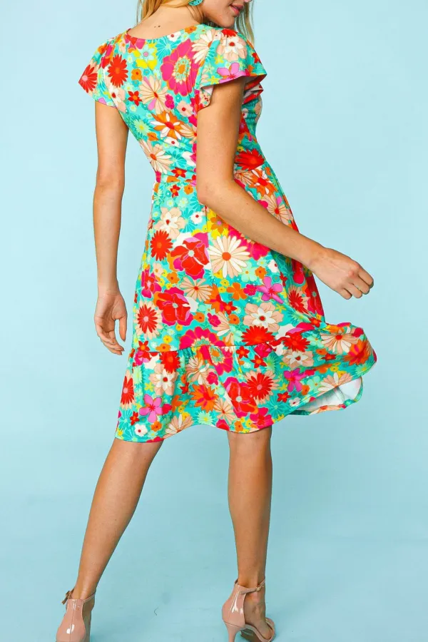 Floral Square Neck Short Sleeve Casual Dress