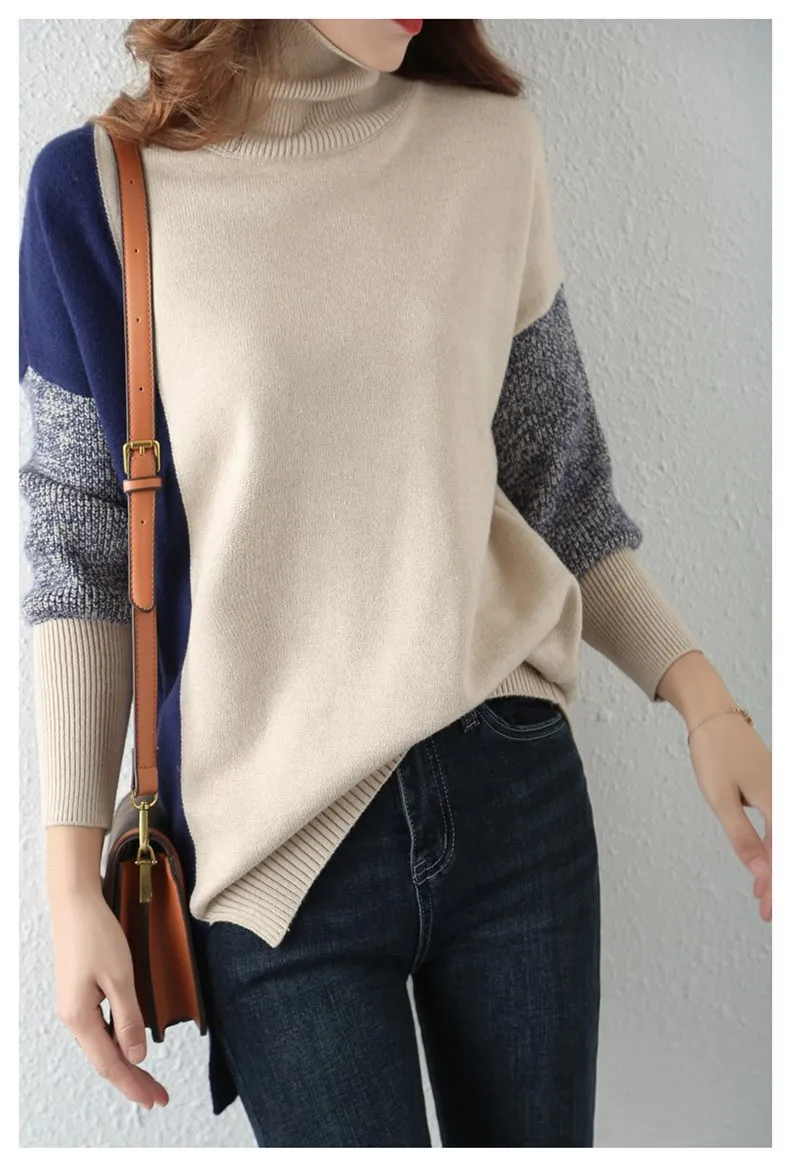 Casual Loose Color Block High-Neck Sweater