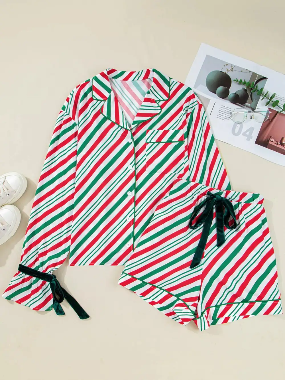 Stripe Contrast Velvet Ribbon Knot Christmas Pcs Pajama Set