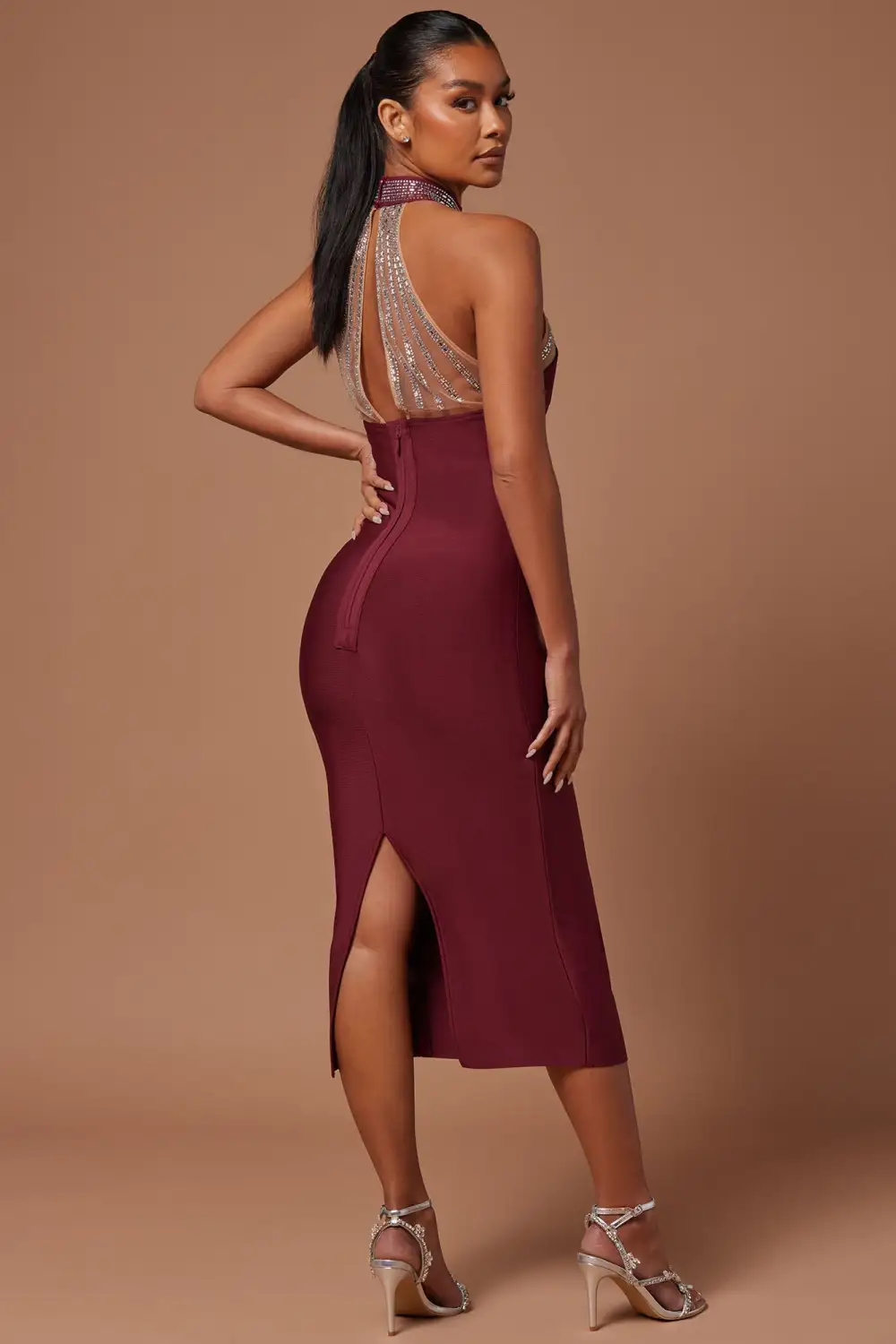 Lina Embellished Bandage Midi Dress - Burgundy