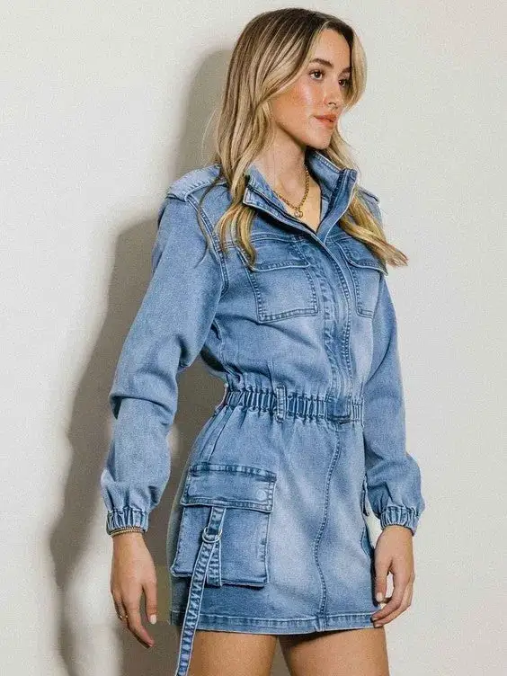 Denim is My Love Language Long Sleeve Denim Romper Skirt