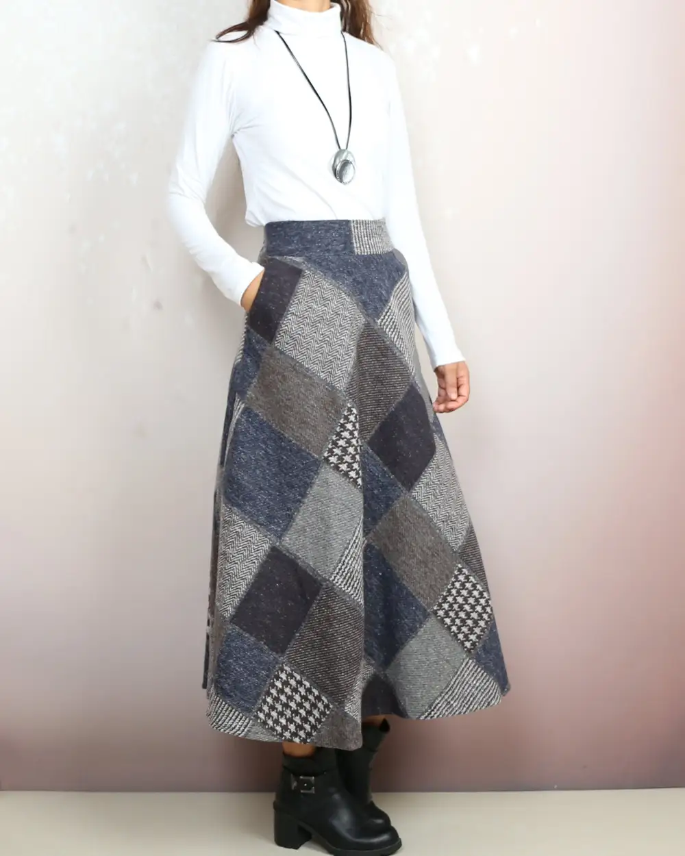 Plaid Wool Flared Maxi Skirt
