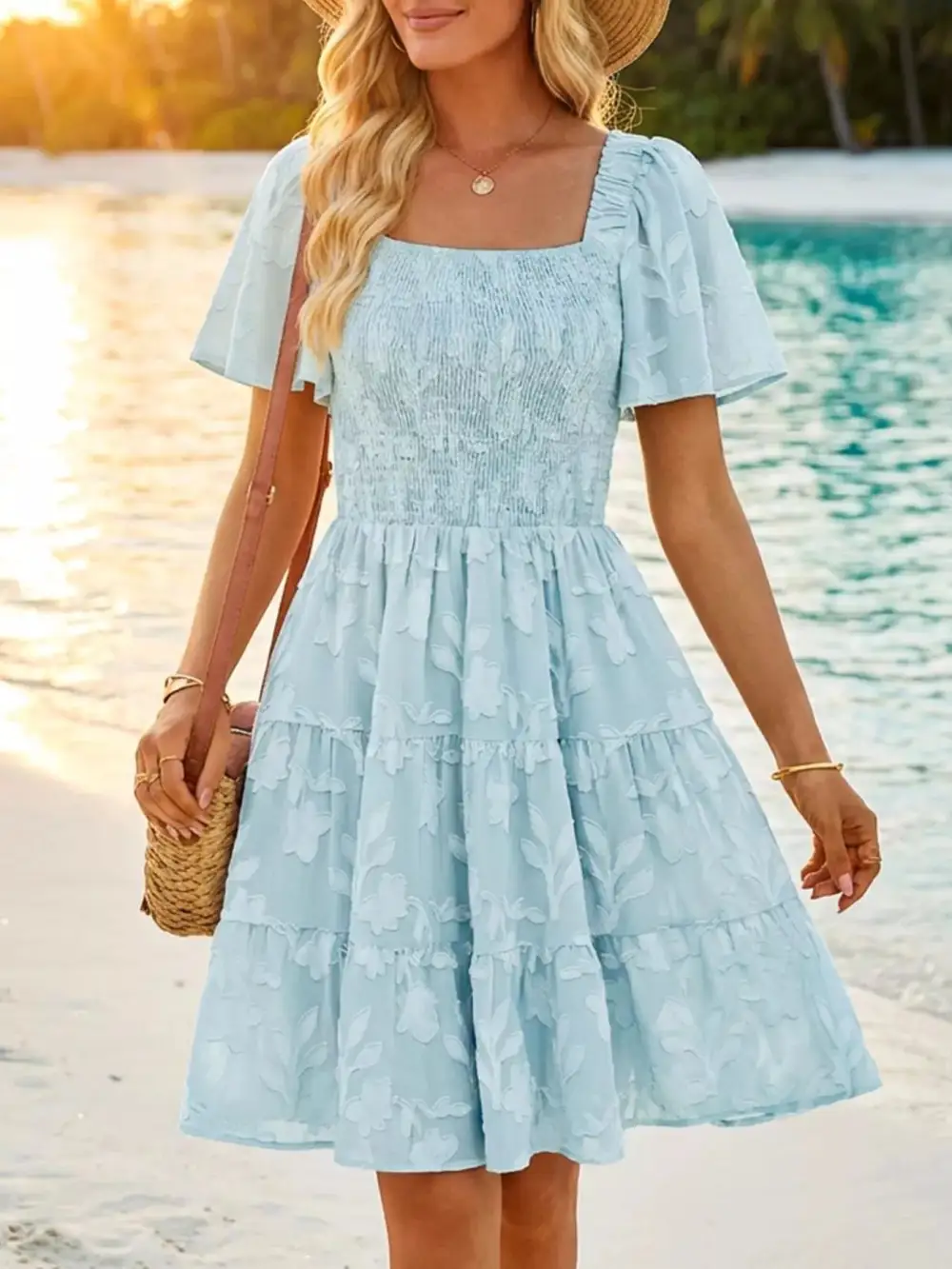 Square Neck Tiered Smocked Mini Dress