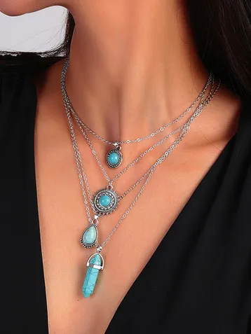 Vacation Turquoise Silver Metal Tiered Necklace Boho Women's Jewelry