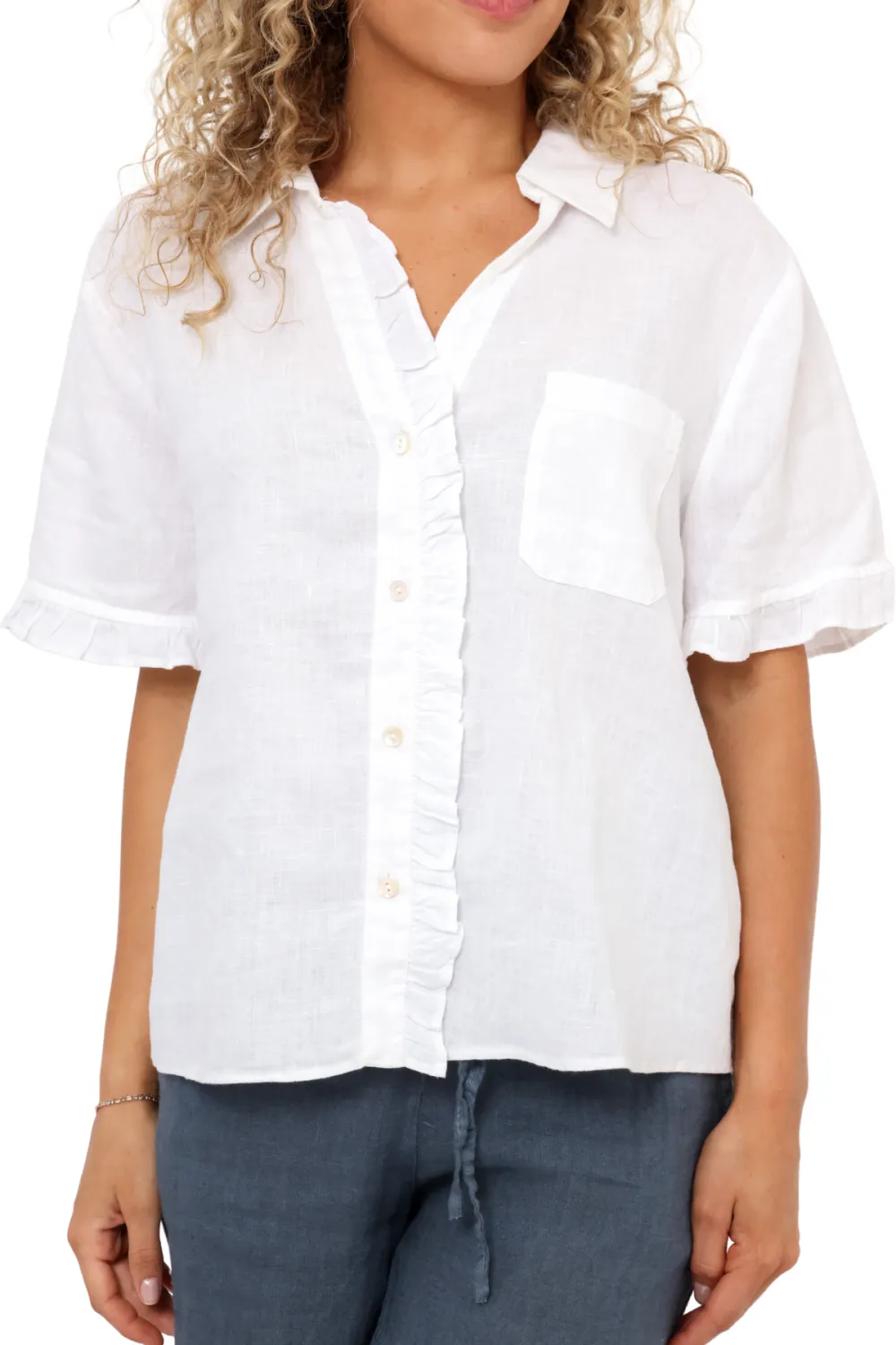Button Ruffle Short Sleeve Top