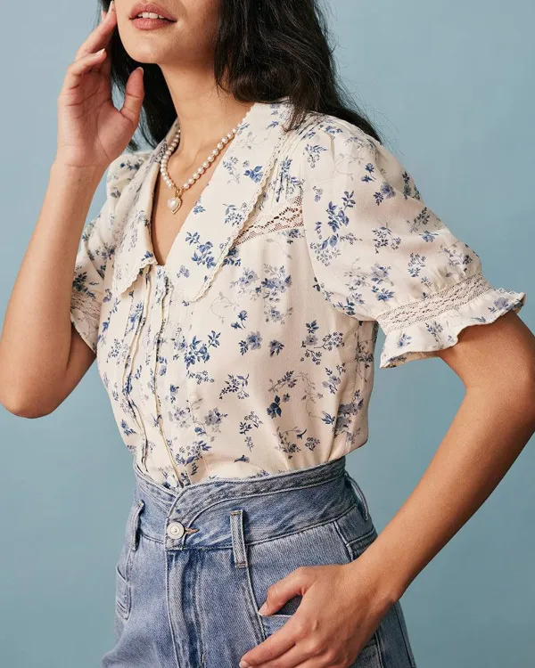 The Lace Spliced Pleated Floral Shirt