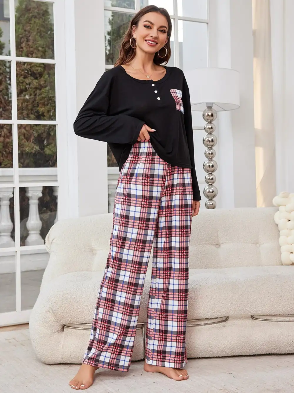 Round Neck Long Sleeve Top and Plaid Pants Lounge Set