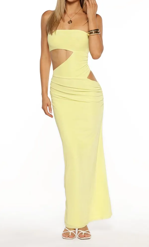 Mesh Ruched Strapless Maxi Dress
