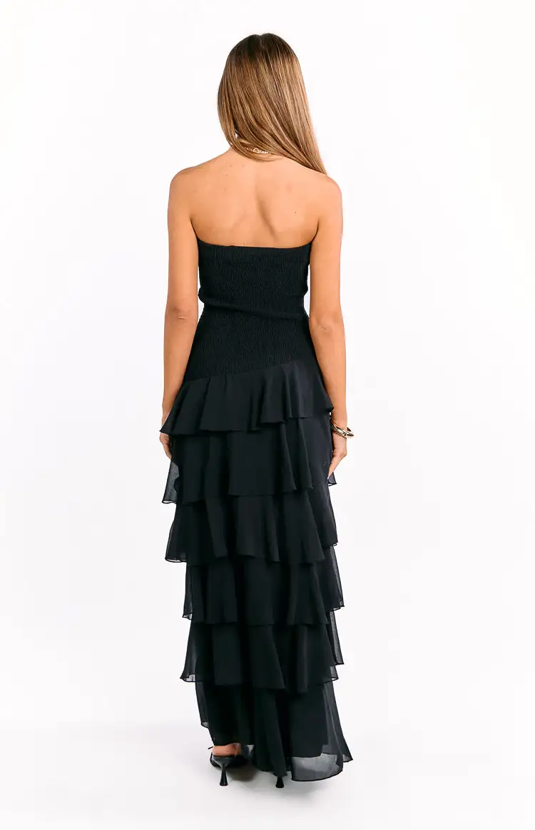 Strapless Ruffle Frills Flowy Maxi Dress