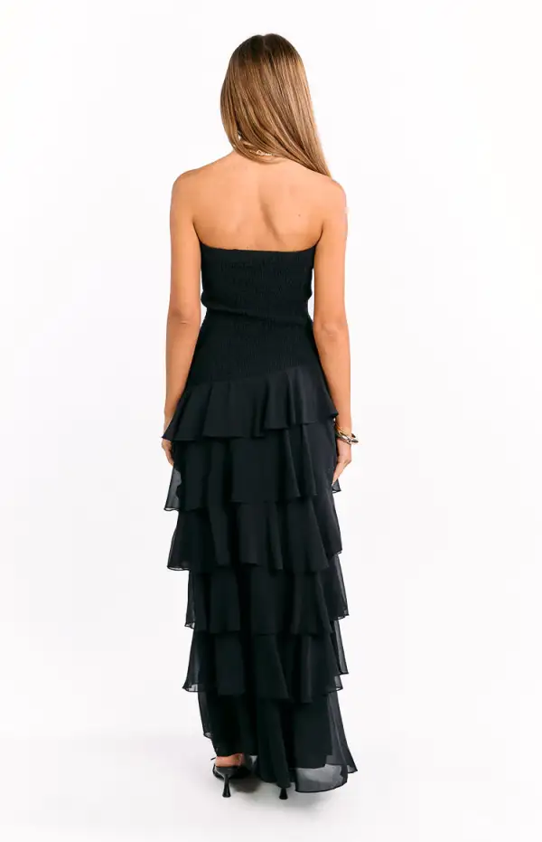 Strapless Ruffle Frills Flowy Maxi Dress