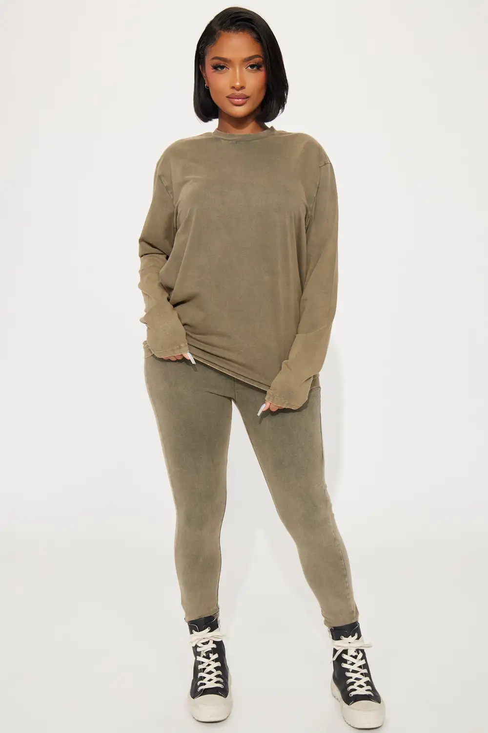 Stepping Out Mineral Wash Long Sleeve Legging Set - Olive
