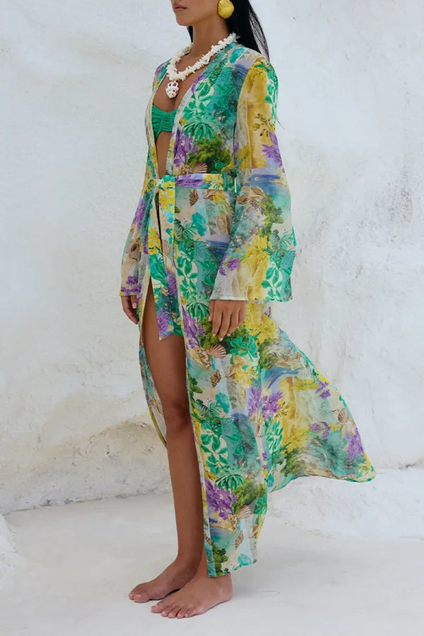 Green Printed Long Rash Guard Swimsuit