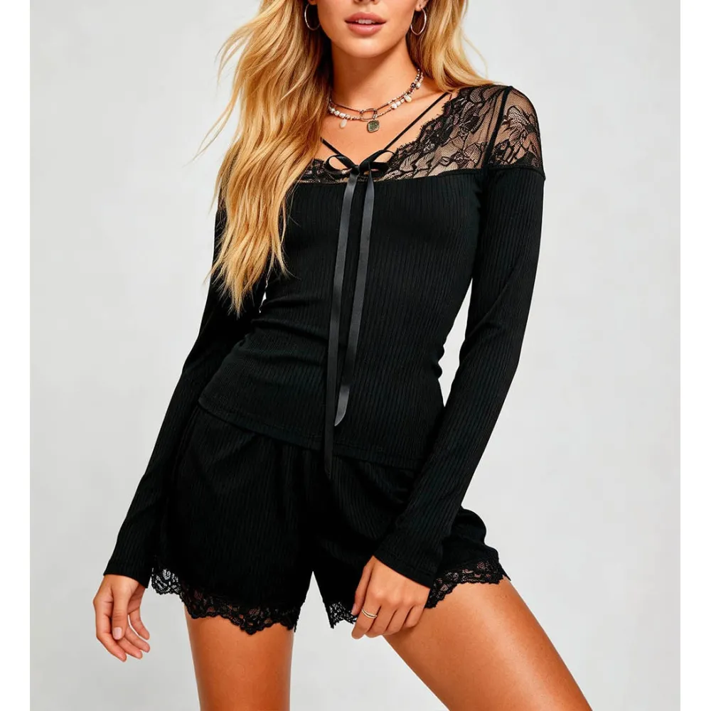 Ribbed Knit Elastic Waist Lace Trim Wide Leg Easy Shorts
