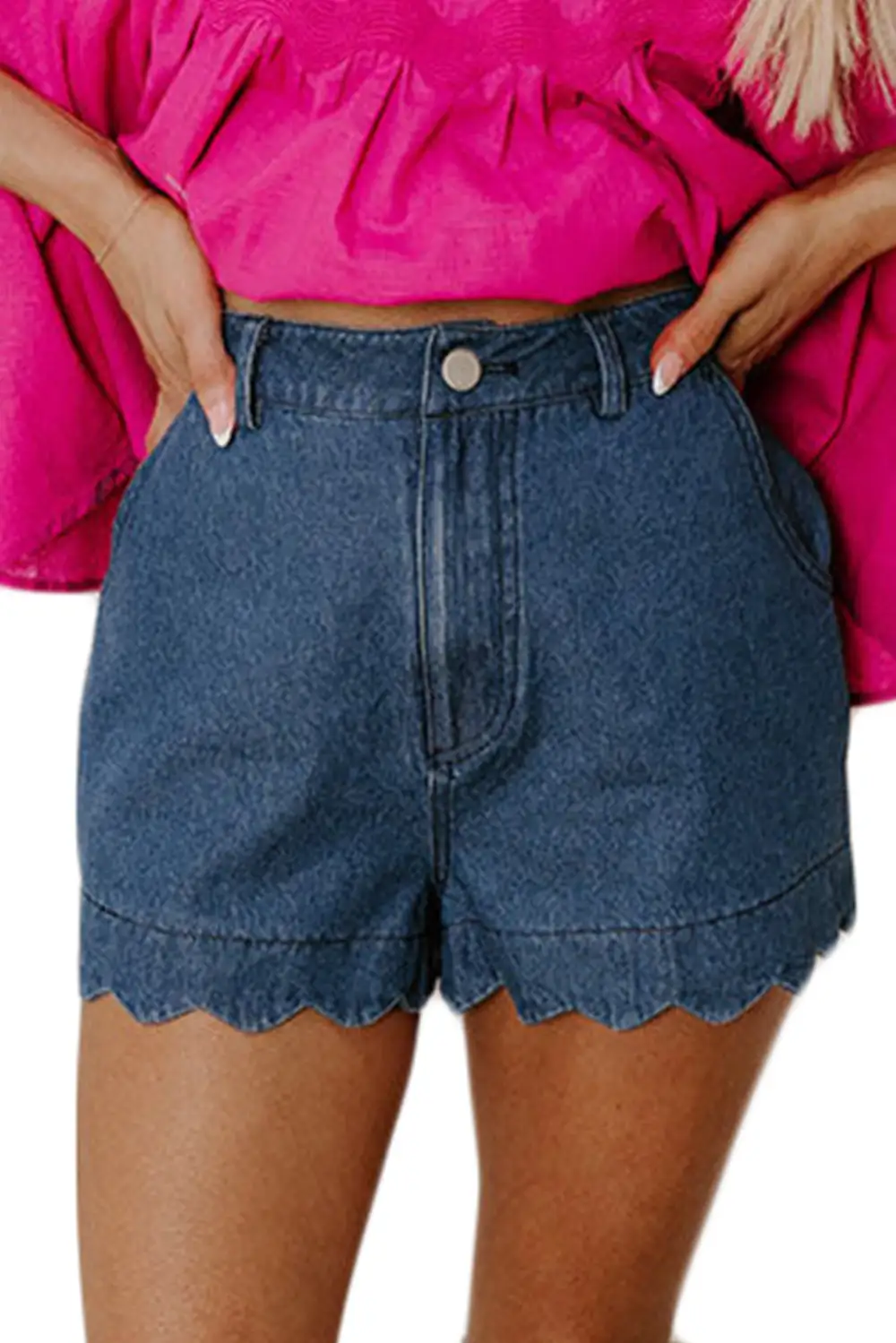 Everyday Scalloped Hemline Acid Wash High Waist Denim Shorts