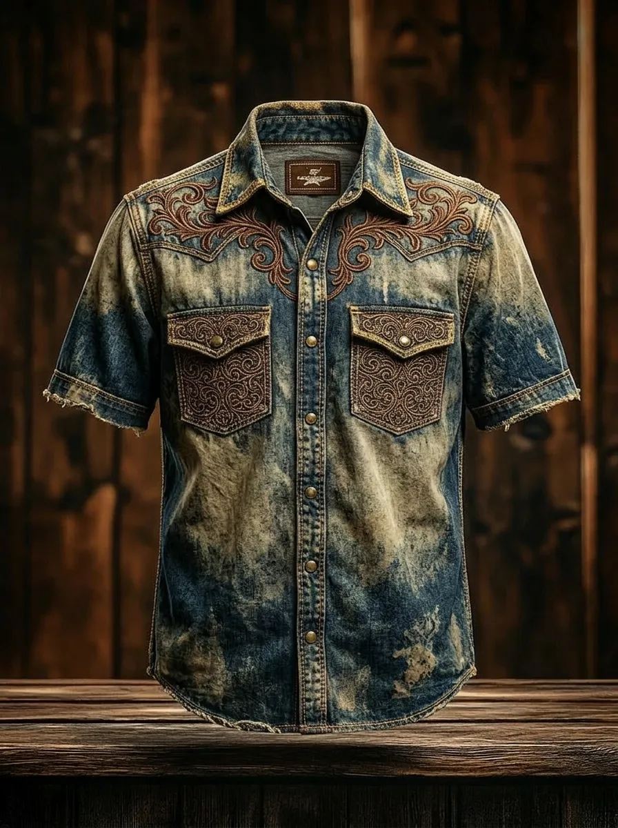 Men's Western Cowboy Floral Embroidery Acid Wash Printed Shirt