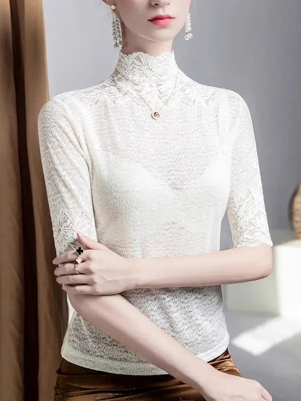 Layered Look Half Sleeve Slightly Sheer Panel Detail Textured High Neck T-Shirt