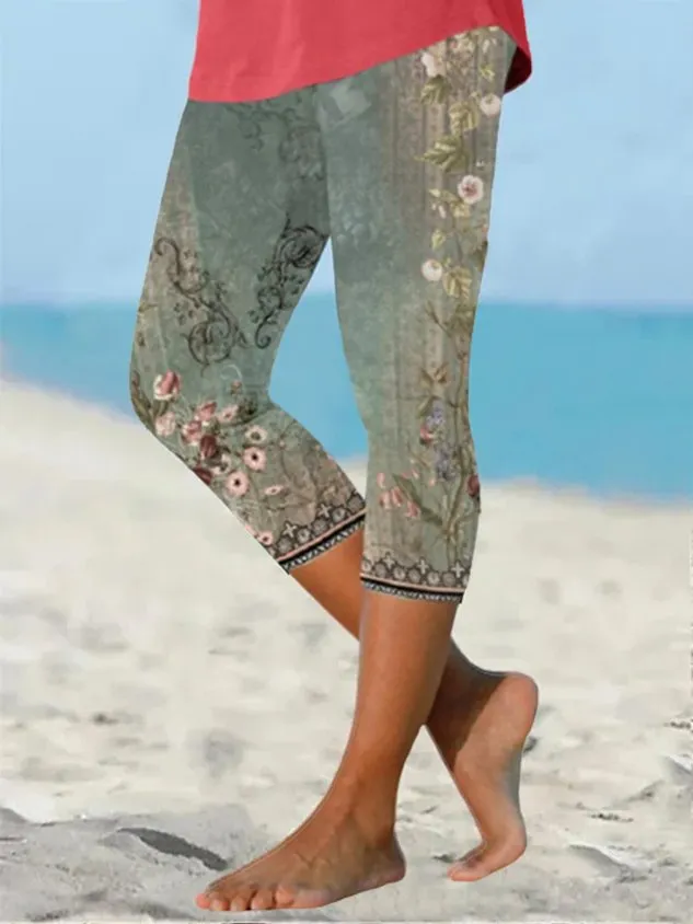 Casual Flower Print Capri Legging